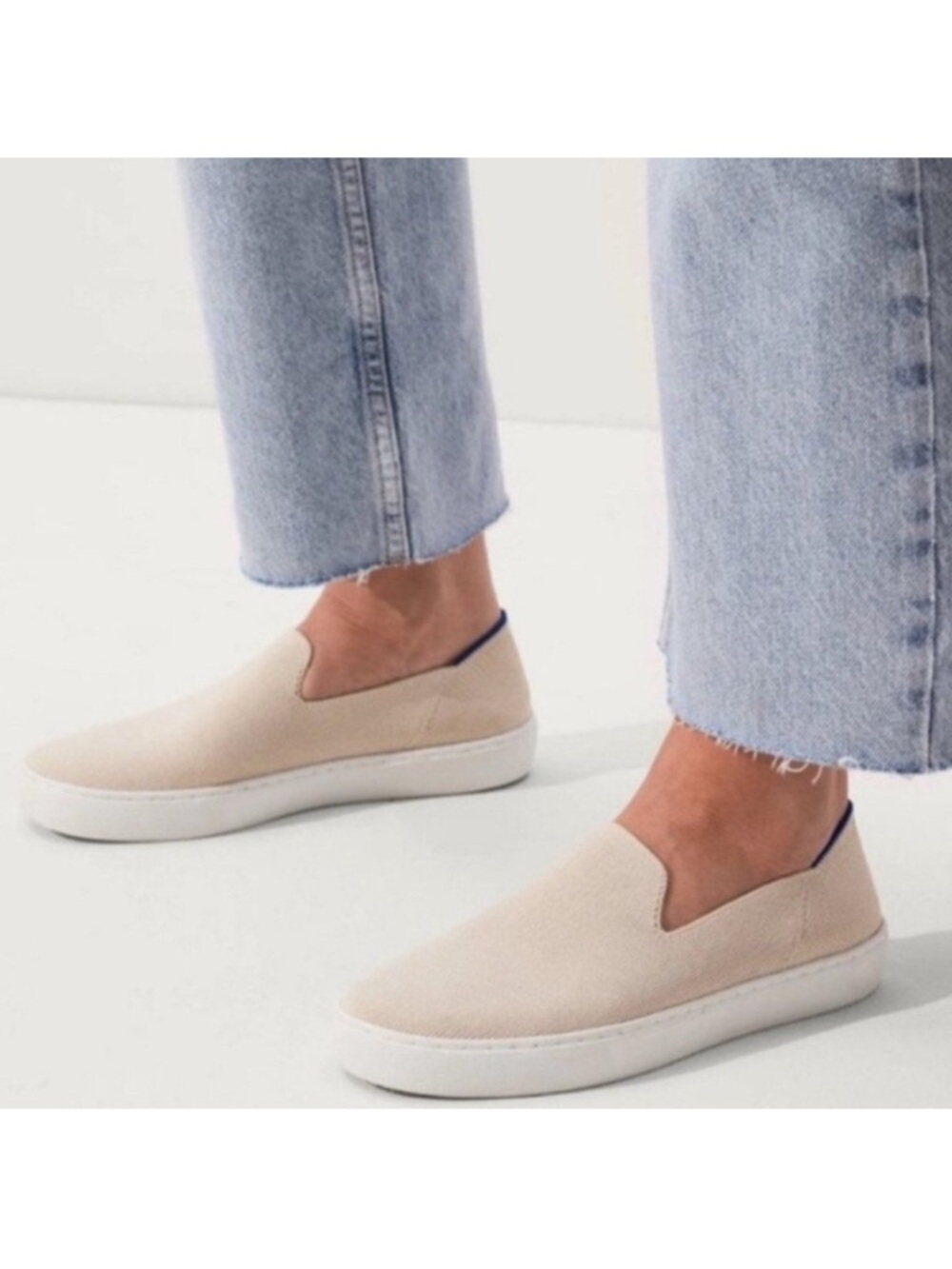Rothy’s The Original Slip-On Sneakers in Sand Cream Tan with Blue Accent Women 9